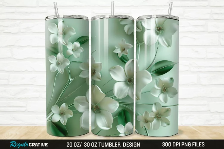 3D White And Green Flowers 20/30oz Skinny Tumbler