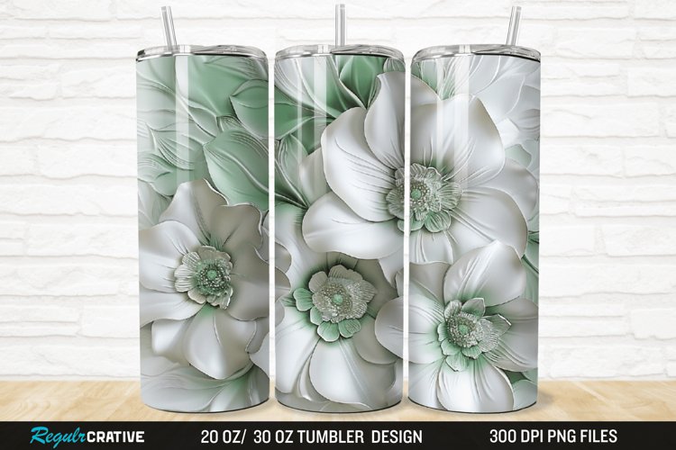 3D White And Green Flowers 20/30oz Skinny Tumbler example image 1