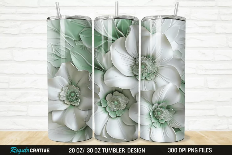 3D White And Green Flowers 20/30oz Skinny Tumbler