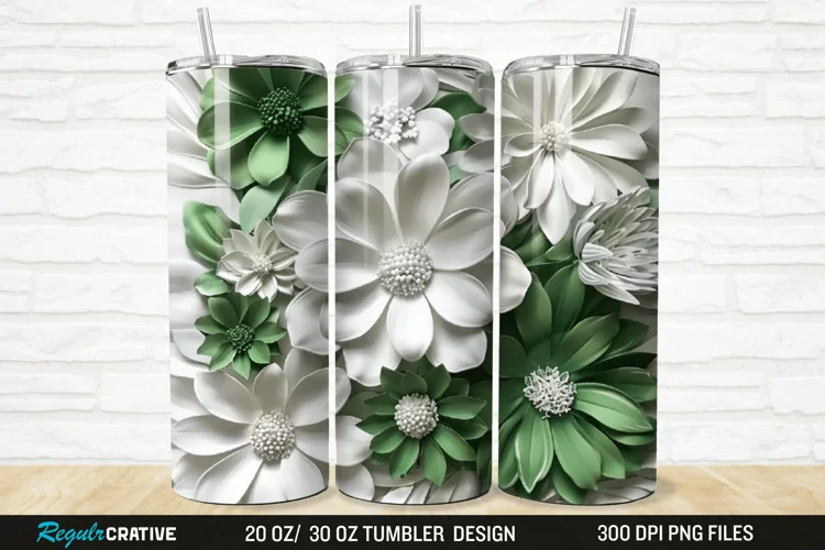 3D White And Green Flowers 20/30oz Skinny Tumbler