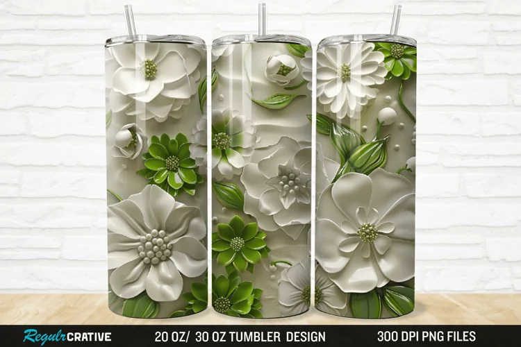 3D White And Green Flowers 20/30oz Skinny Tumbler