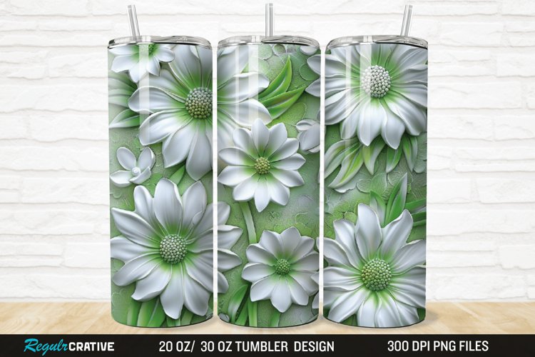 3D White And Green Flowers 20/30oz Skinny Tumbler example image 1