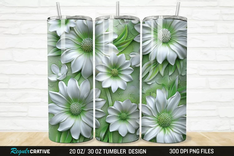 3D White And Green Flowers 20/30oz Skinny Tumbler