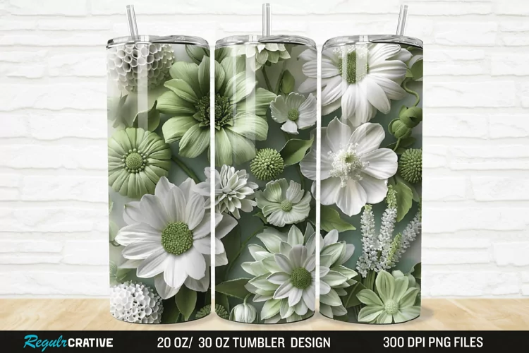 3D White And Green Flowers 20/30oz Skinny Tumbler