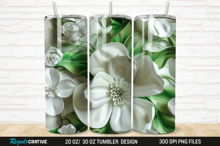 3D White And Green Flowers 20/30oz Skinny Tumbler example image 1