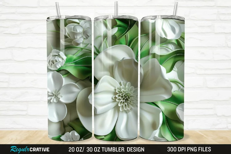 3D White And Green Flowers 20/30oz Skinny Tumbler
