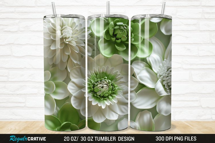 3D White And Green Flowers 20/30oz Skinny Tumbler example image 1