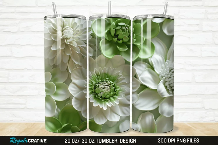 3D White And Green Flowers 20/30oz Skinny Tumbler