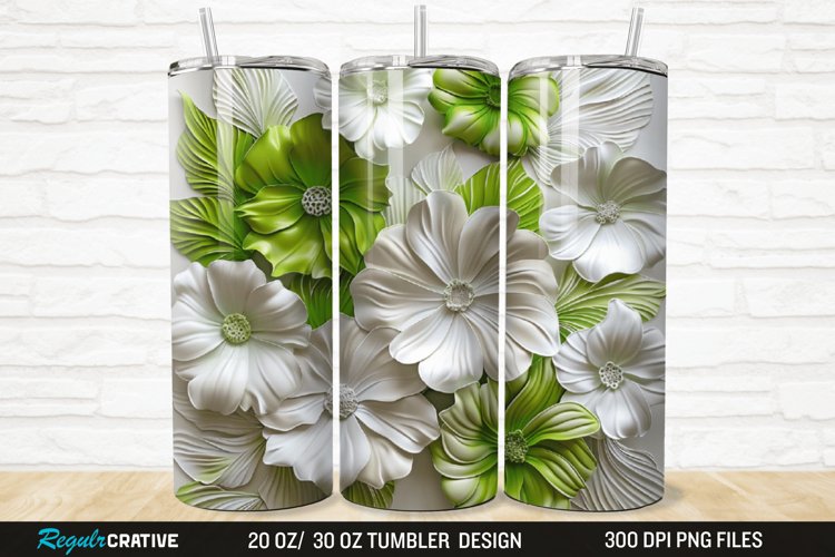 3D White And Green Flowers 20/30oz Skinny Tumbler example image 1