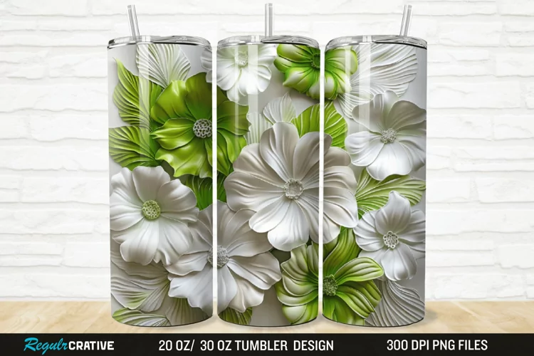 3D White And Green Flowers 20/30oz Skinny Tumbler