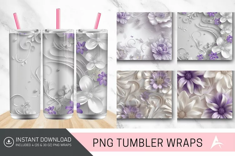 3D White and Purple Floral Tumbler Wrap