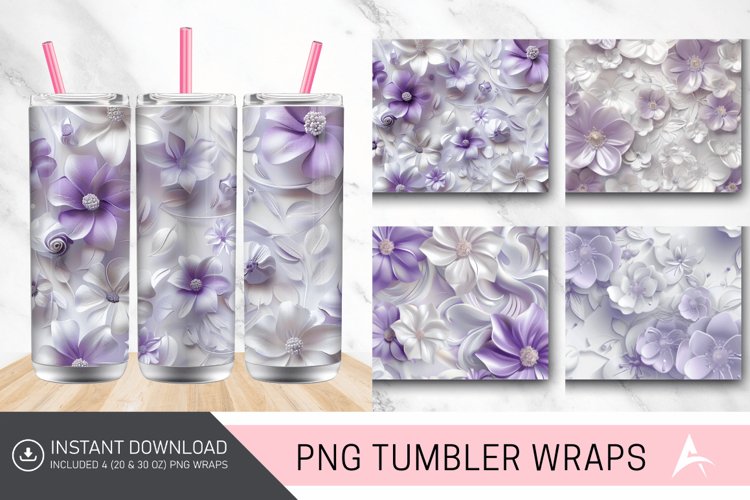 3D White and Purple Floral Tumbler Wrap example image 1
