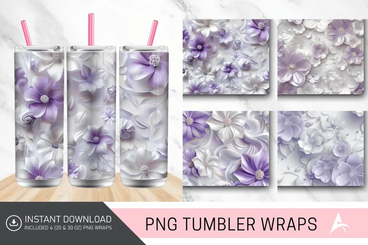3D White and Purple Floral Tumbler Wrap