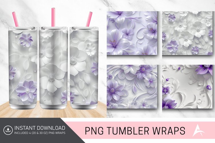 3D White and Purple Floral Tumbler Wrap example image 1