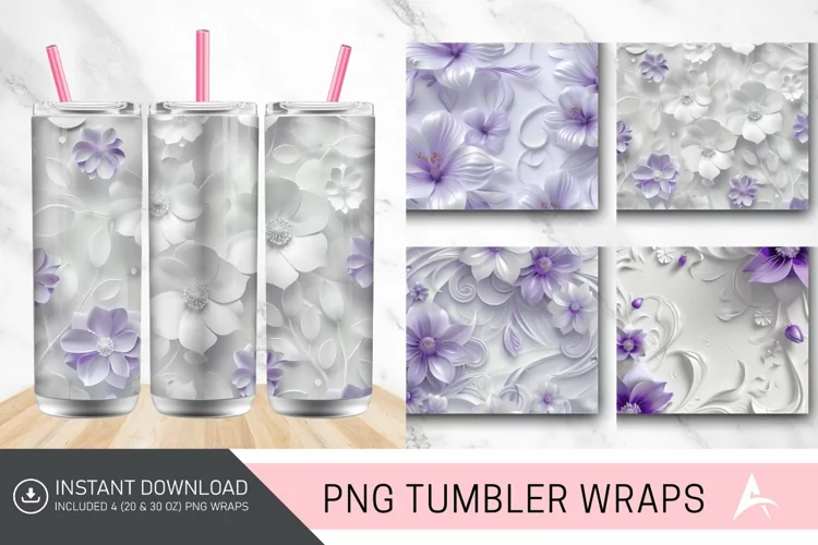 3D White and Purple Floral Tumbler Wrap