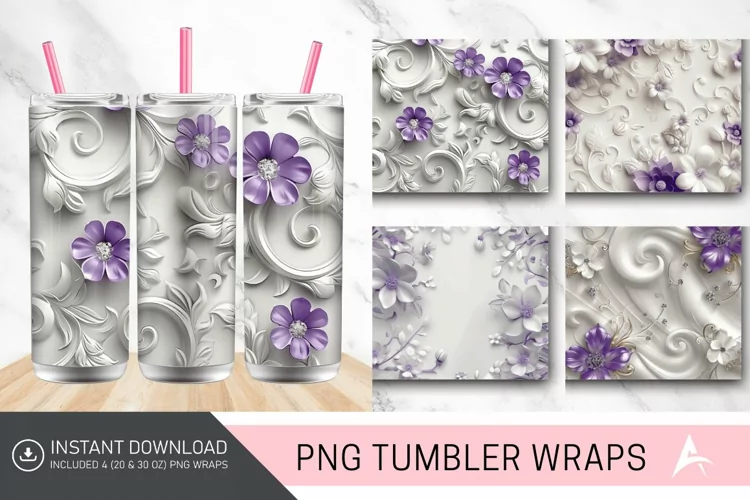 3D White and Purple Floral Tumbler Wrap