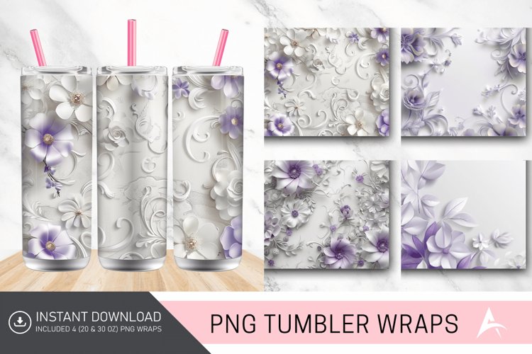 3D White and Purple Floral Tumbler Wrap example image 1