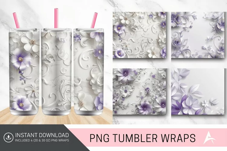 3D White and Purple Floral Tumbler Wrap