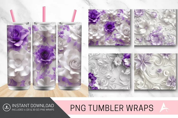 3D White and Purple Floral Tumbler Wrap