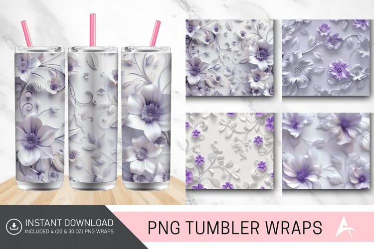 3D White and Purple Floral Tumbler Wrap