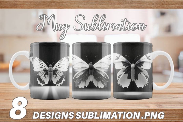 3D White Black Butterfly | Mug sublimation design