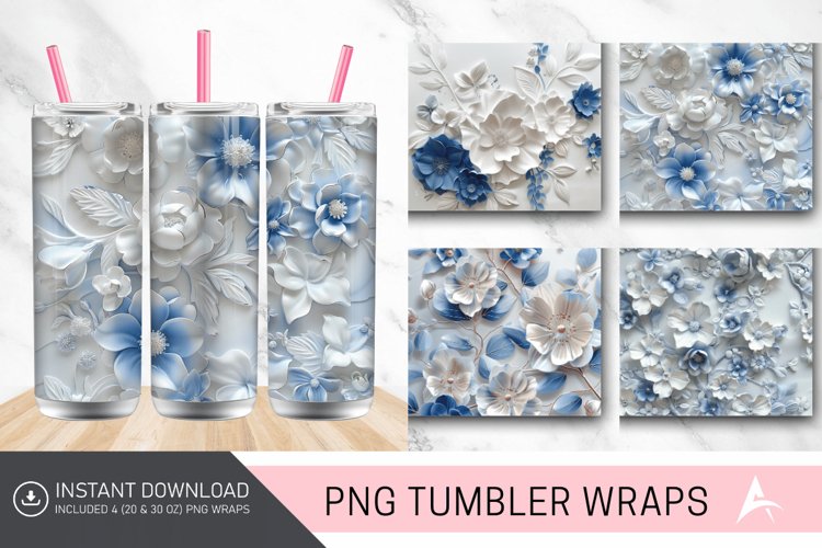 3D White Blue Floral Tumbler wrap