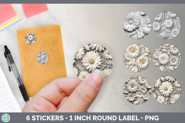 3D White Calendula Flowers Stickers | Round Labels Designs B
