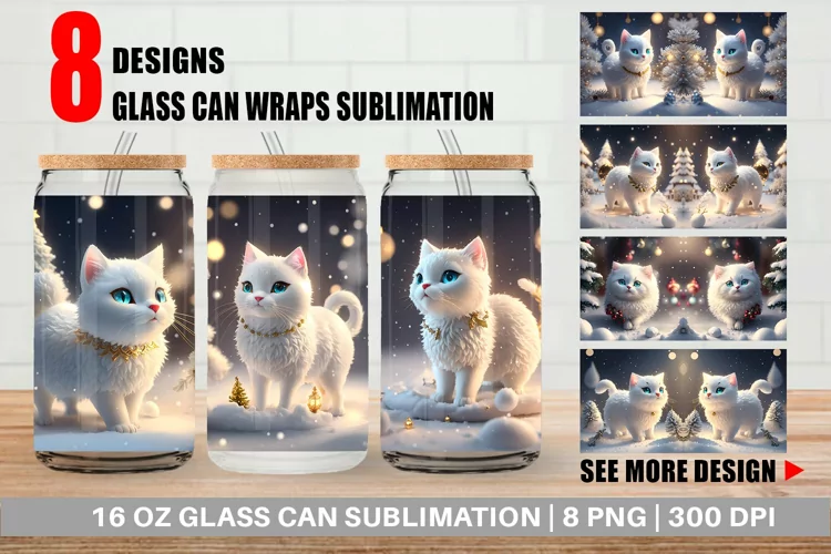 3D White Cat Christmas Glass Can Wraps
