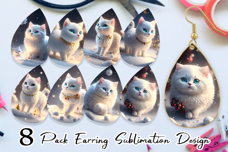 3D White Cat Christmas snow Earring teardrop sublimation des