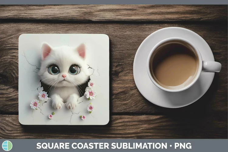 3D White Cat Square Coaster Sublimation Coaster Designs