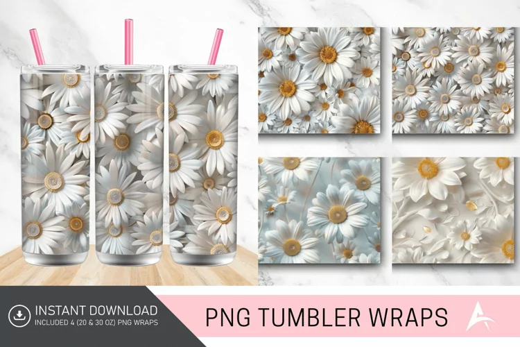 3D White Daisy Flowers Tumbler wrap