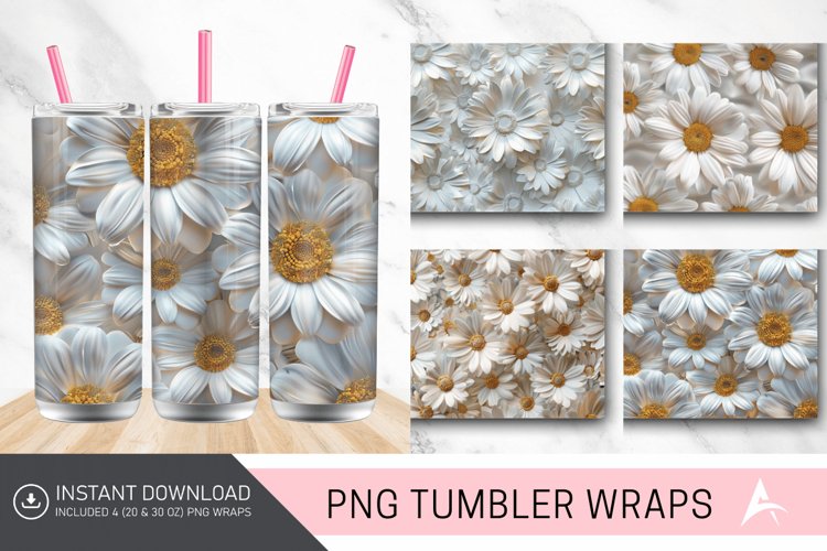 3D White Daisy Flowers Tumbler wrap example image 1