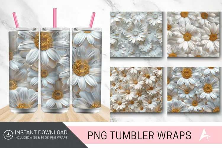 3D White Daisy Flowers Tumbler wrap