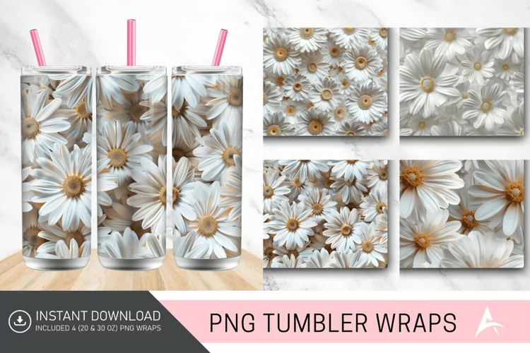 3D White Daisy Flowers Tumbler wrap