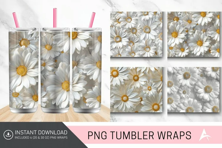 3D White Daisy Flowers Tumbler wrap