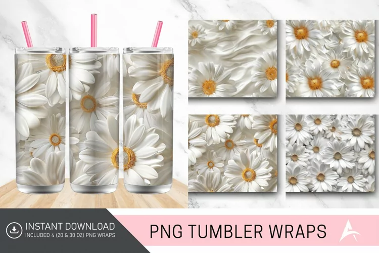 3D White Daisy Flowers Tumbler wrap