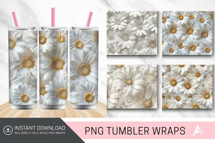 3D White Daisy Flowers Tumbler wrap
