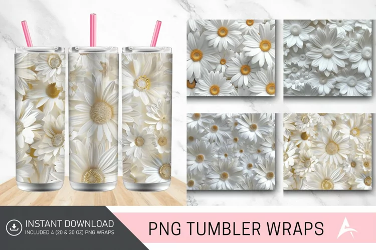3D White Daisy Flowers Tumbler wrap