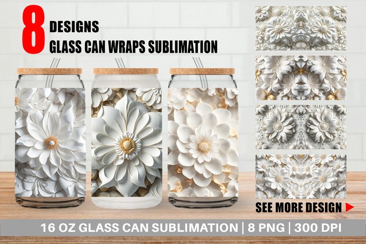 3D White Flower Glass Can Wraps example image 1