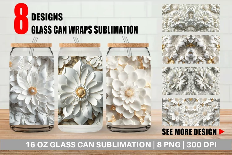 3D White Flower Glass Can Wraps