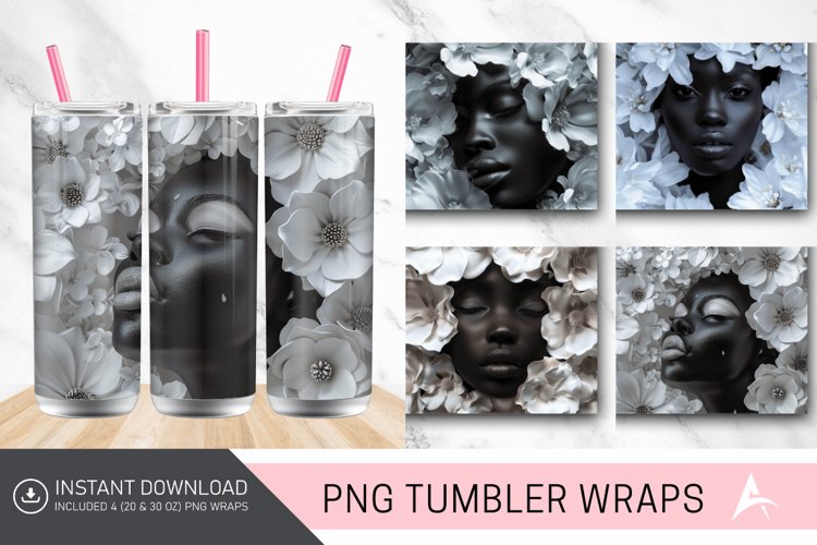 3D White Flowers Black Woman Tumbler wrap