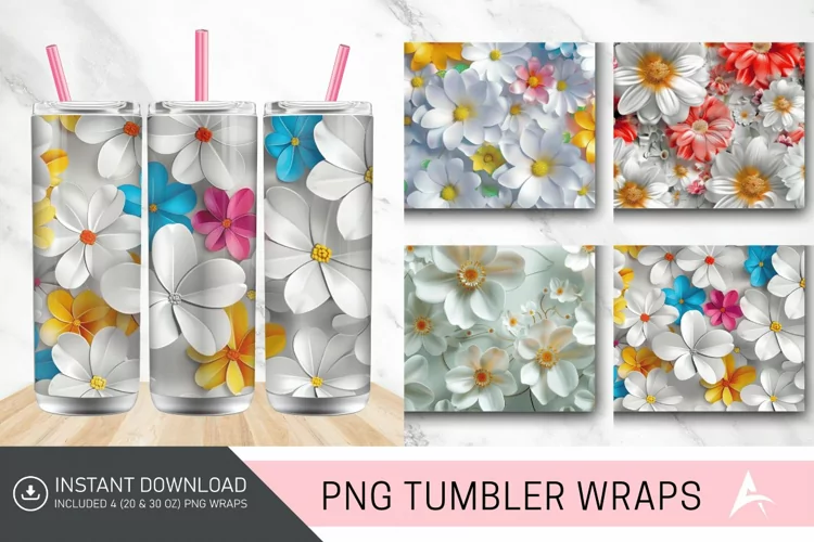 3D White Flowers Tumbler wrap