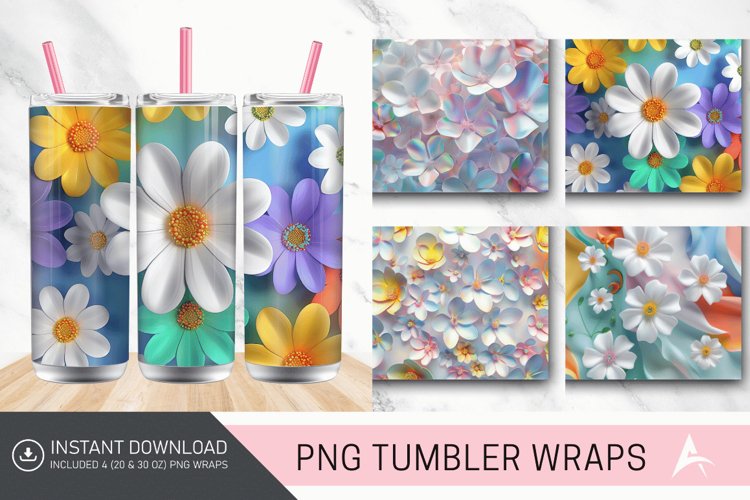 3D White Flowers Tumbler wrap example image 1