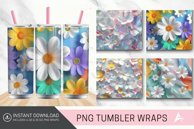 3D White Flowers Tumbler wrap