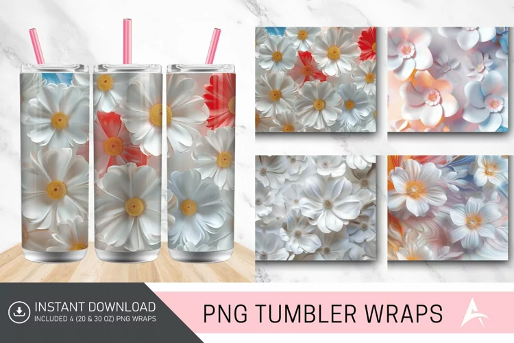 3D White Flowers Tumbler wrap