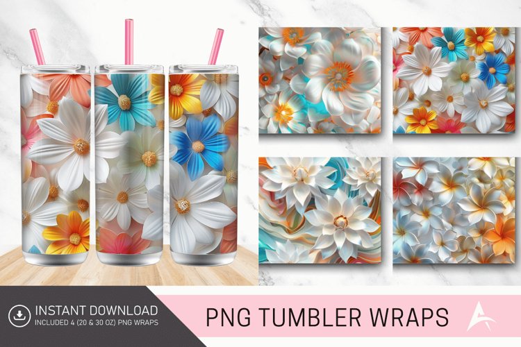 3D White Flowers Tumbler wrap example image 1