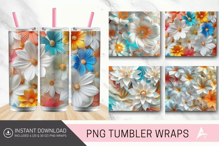 3D White Flowers Tumbler wrap