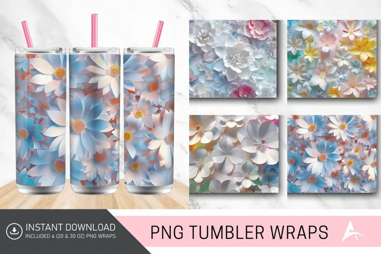 3D White Flowers Tumbler wrap