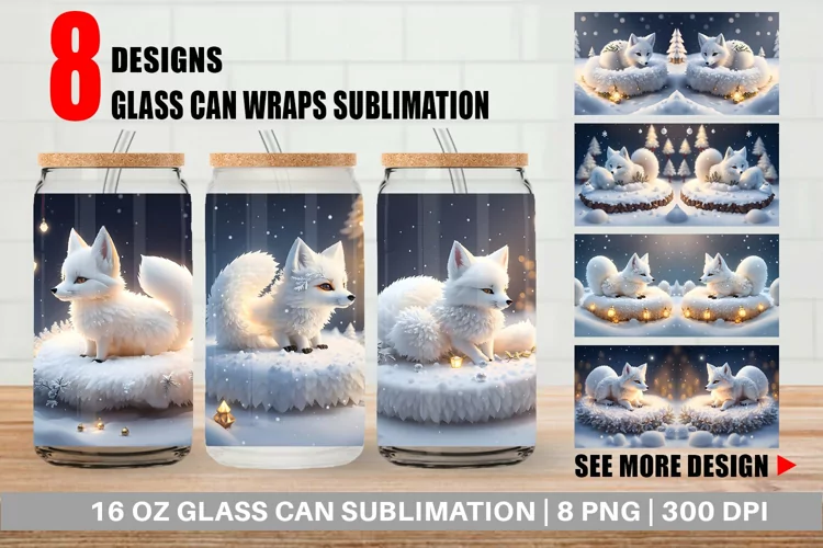 3D White Fox Christmas Glass Can Wraps