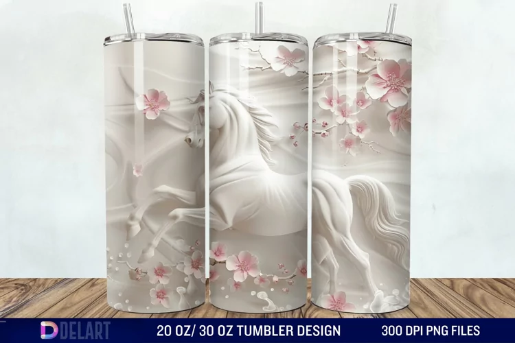 3D White Horse Pink Tumbler Wrap